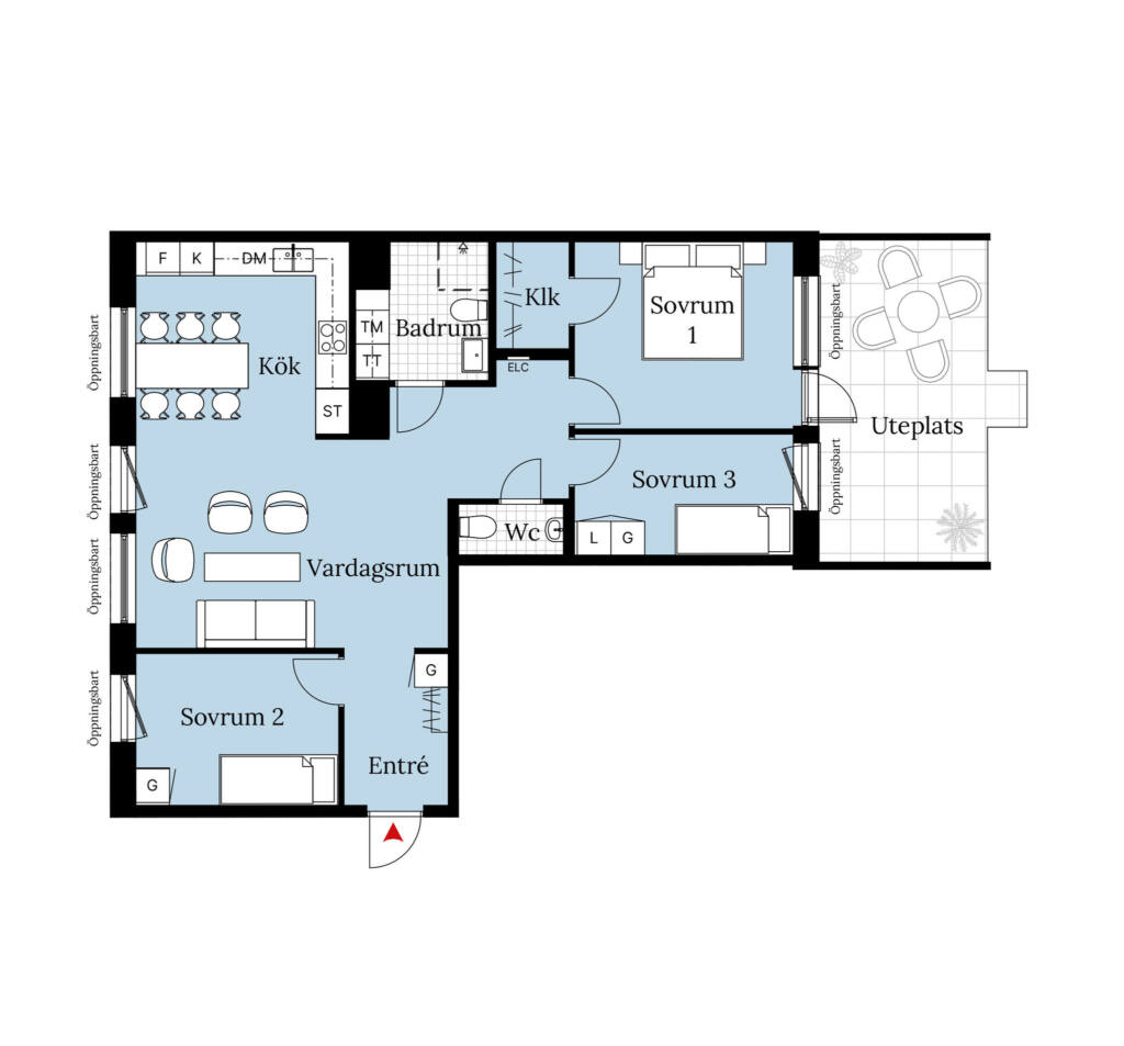En planritning över en lägenhet om fyra rum och kök. Lägenheten har tre sovrum, ett badrum, en WC, balkong samt en öppen planlösning mellan vardagsrum och kök.