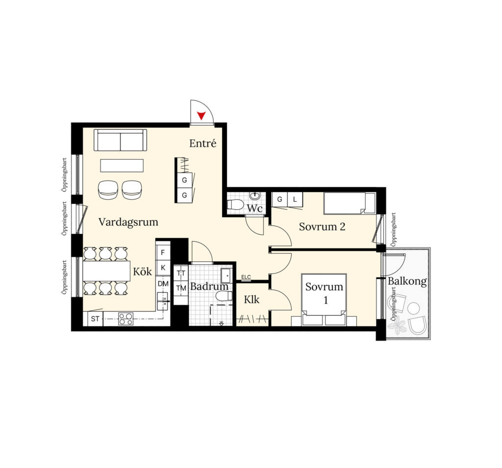 En planritning över en lägenhet om tre rum och kök. Lägenheten har två sovrum, ett badrum, balkong samt en öppen planlösning mellan vardagsrum och kök.