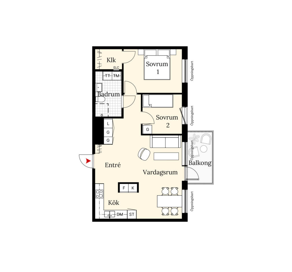 En planritning över en lägenhet om tre rum och kök. Lägenheten har två sovrum, ett badrum, balkong samt en öppen planlösning mellan vardagsrum och kök.