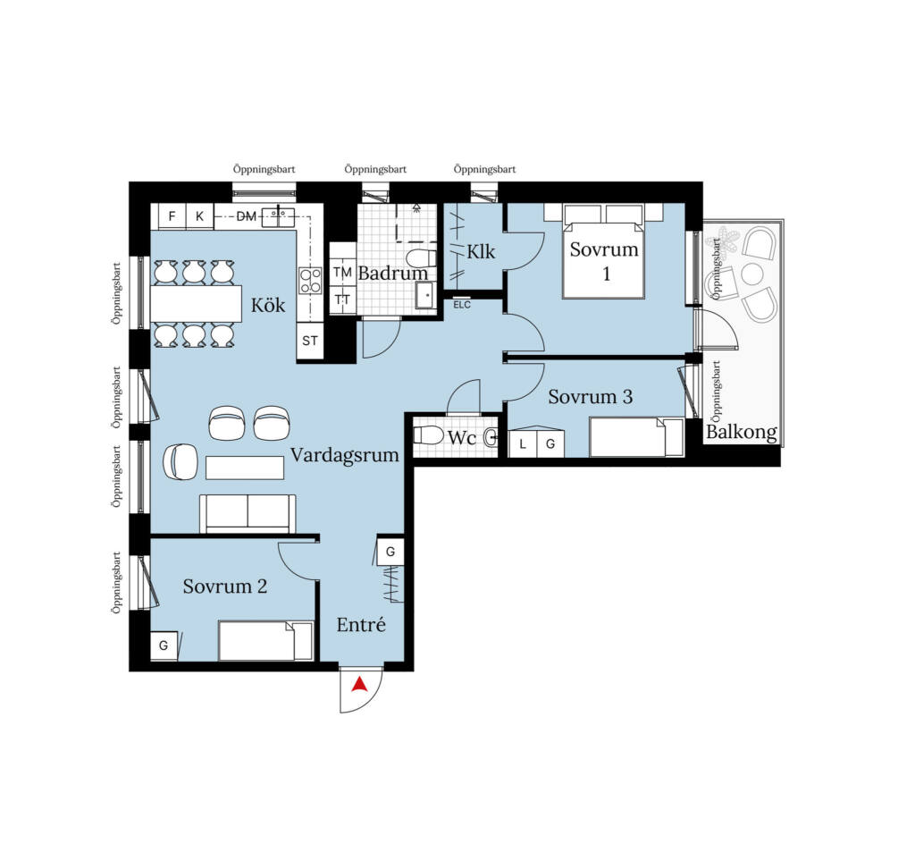 En planritning över en lägenhet om fyra rum och kök. Lägenheten har tre sovrum, ett badrum, en WC, balkong samt en öppen planlösning mellan vardagsrum och kök.