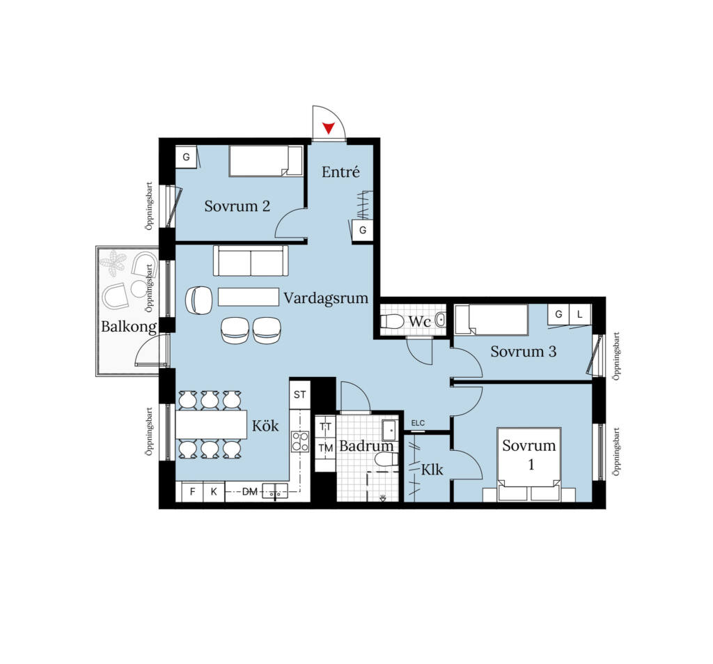 En planritning över en lägenhet om fyra rum och kök. Lägenheten har tre sovrum, ett badrum, en WC, balkong samt en öppen planlösning mellan vardagsrum och kök.