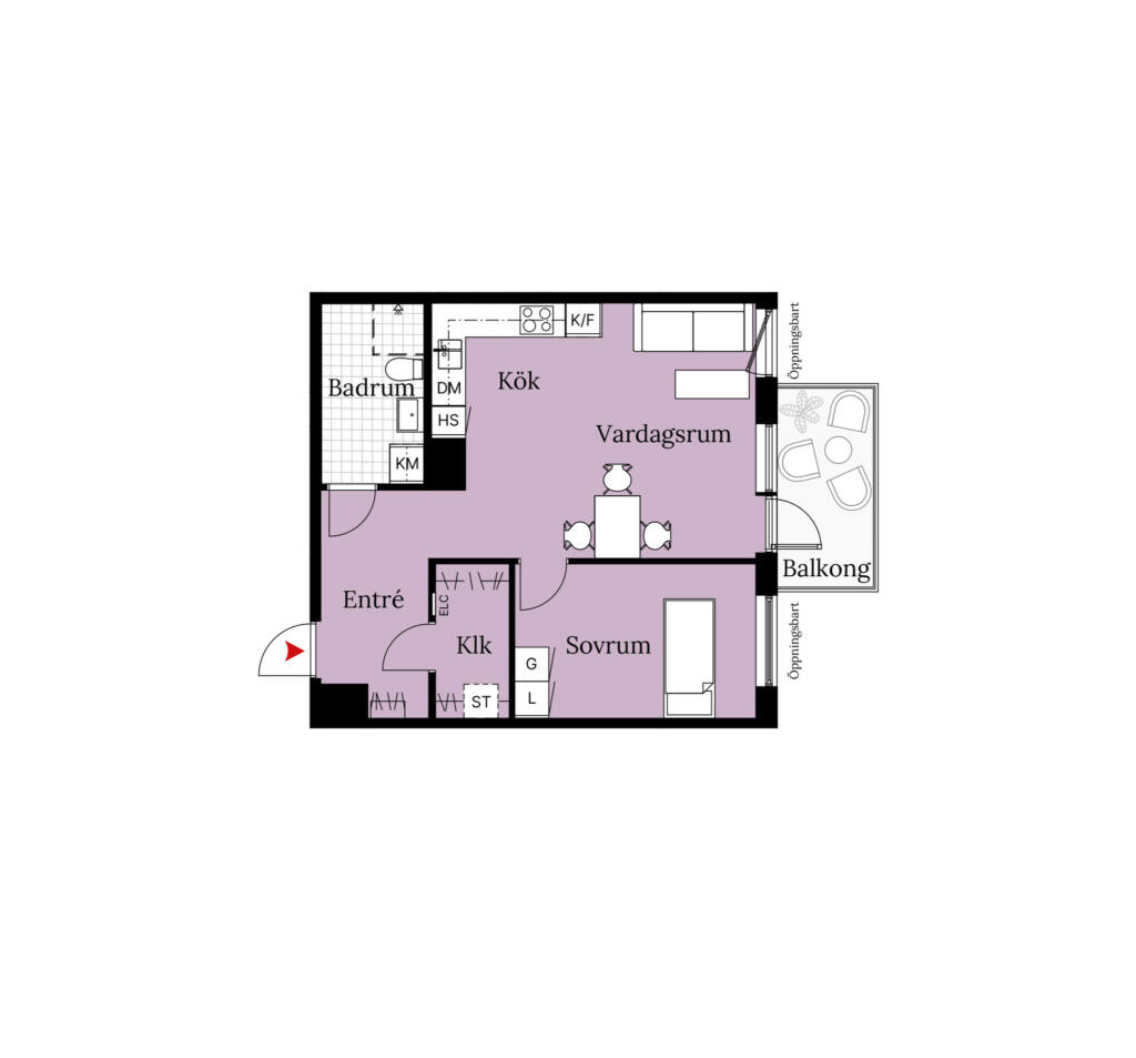 En planritning över en lägenhet om två rum och kök. Lägenheten har ett sovrum, ett badrum, balkong samt en öppen planlösning mellan vardagsrum och kök.